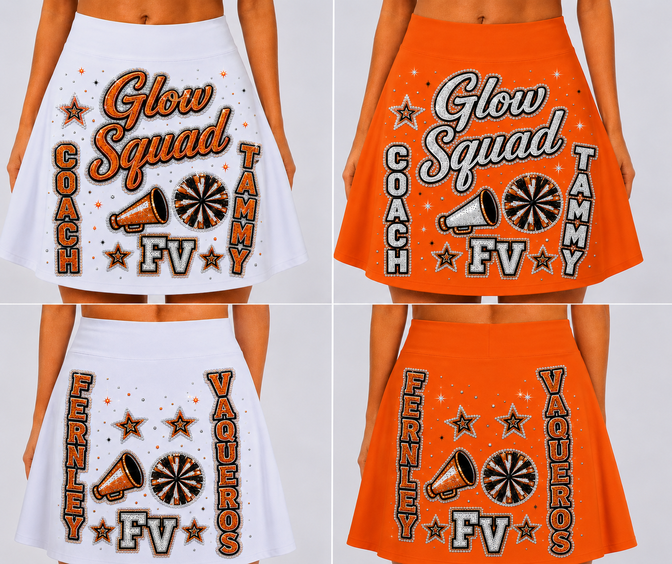 Orange and white Fernley Vaqueros Glow Squad custom skirts shown from the front and back